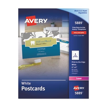 Avery Dennison Avery, Postcards, Color Laser Printing, 4 X 6, Uncoated White, 80PK 5889